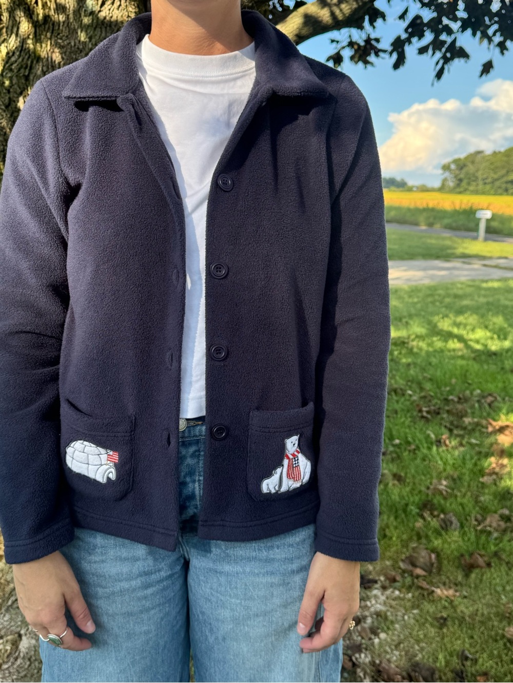Christopher & Banks Navy Teddy Fleece Jacket with Embroidered Pockets